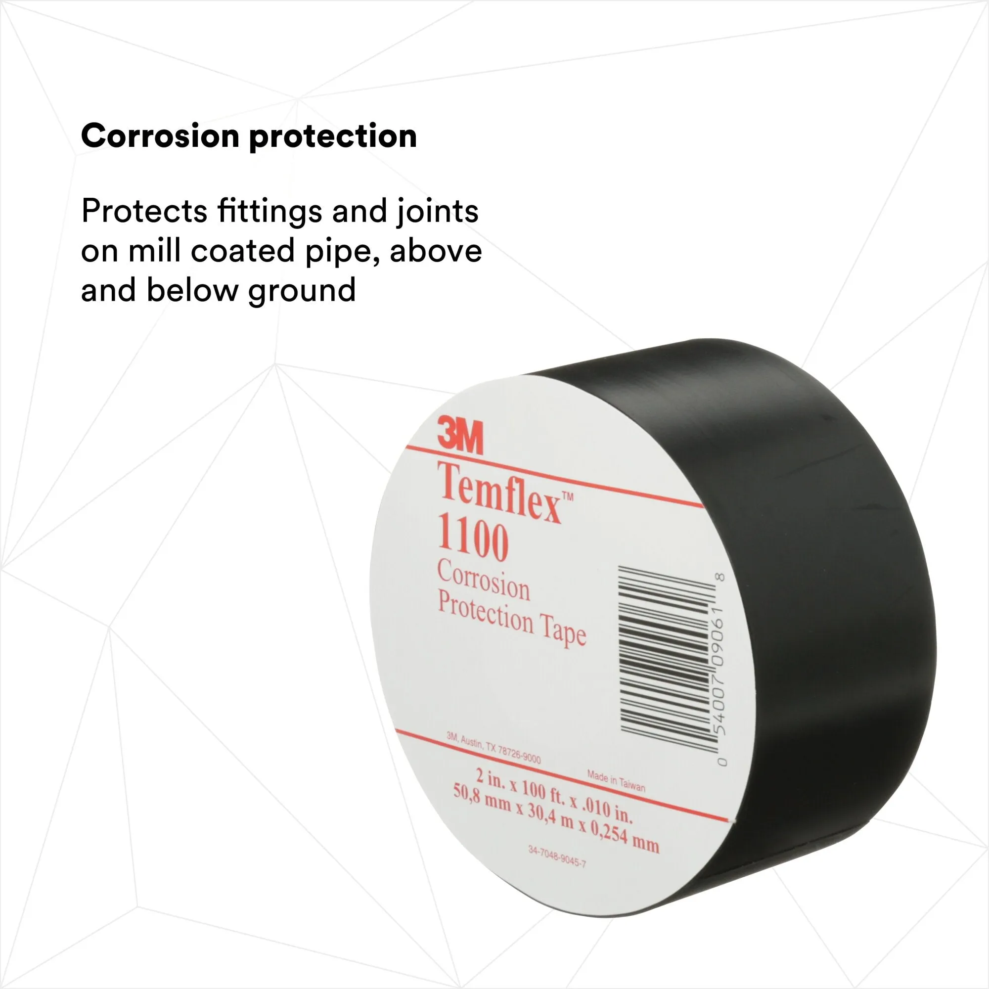 3M Temflex Vinyl Corrosion Protection Tape 1100, 2 in x 100 ft,Unprinted, Black