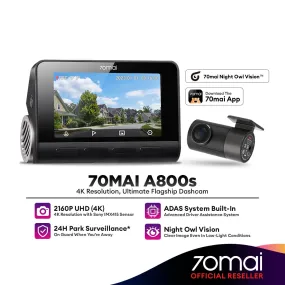 70mai A800s 4K UHD Car Recorder Dash Cam Support RC06 Rear Camera Built-In GPS and ADAS with Parking Surveillance