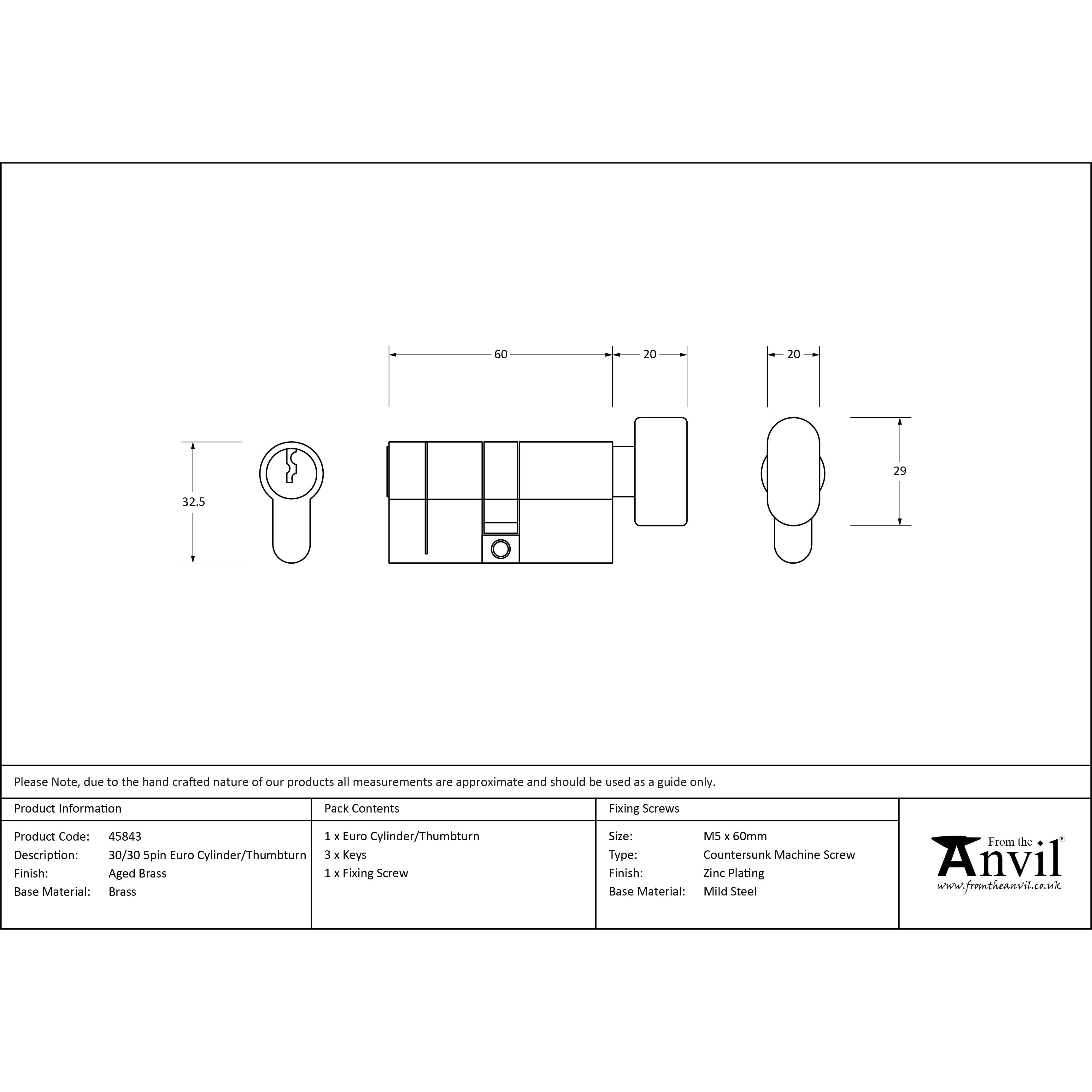 Aged Brass 30/30 5pin Euro Cylinder/Thumbturn | From The Anvil