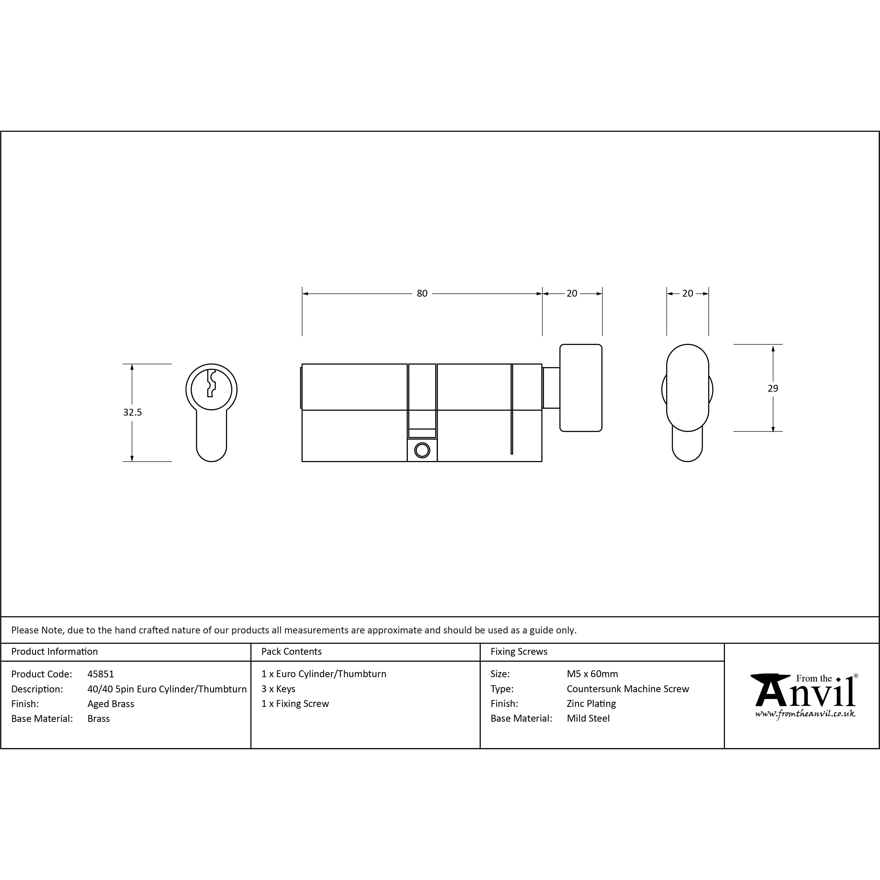 Aged Brass 40/40 5pin Euro Cylinder/Thumbturn | From The Anvil