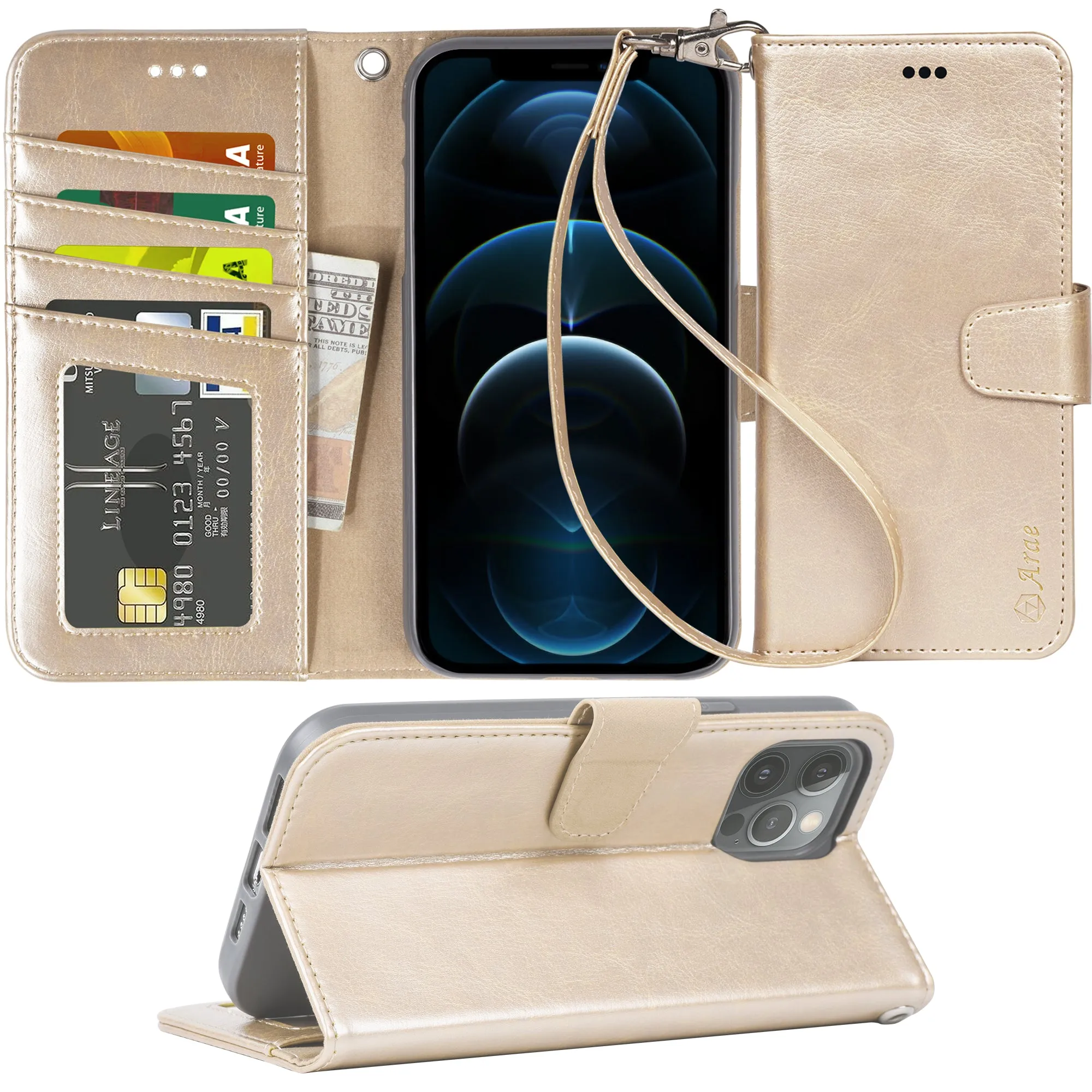 Arae Compatible with Case iPhone 12 Pro Max Wallet Flip Cover with Card Holder and Wrist Strap