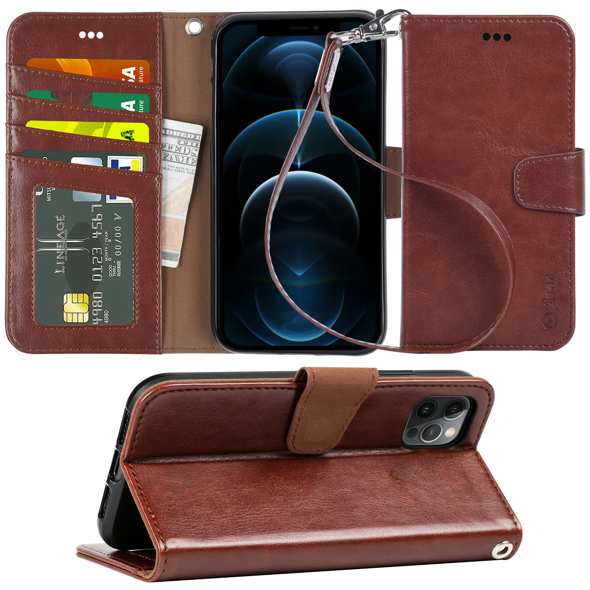 Arae Compatible with Case iPhone 12 Pro Max Wallet Flip Cover with Card Holder and Wrist Strap