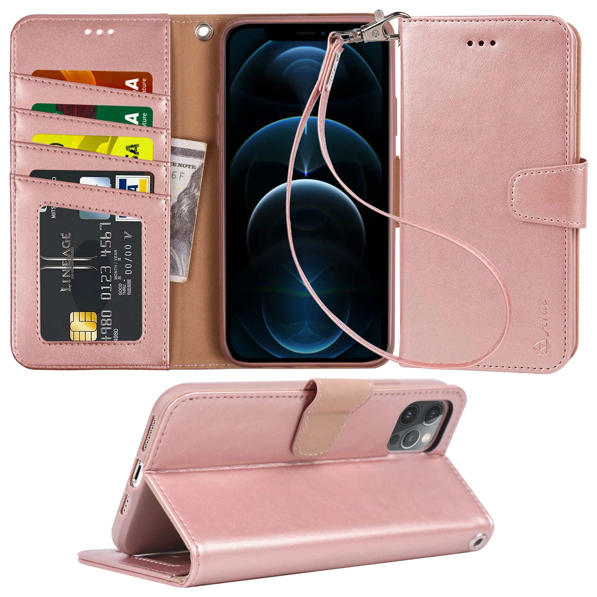 Arae Compatible with Case iPhone 12 Pro Max Wallet Flip Cover with Card Holder and Wrist Strap