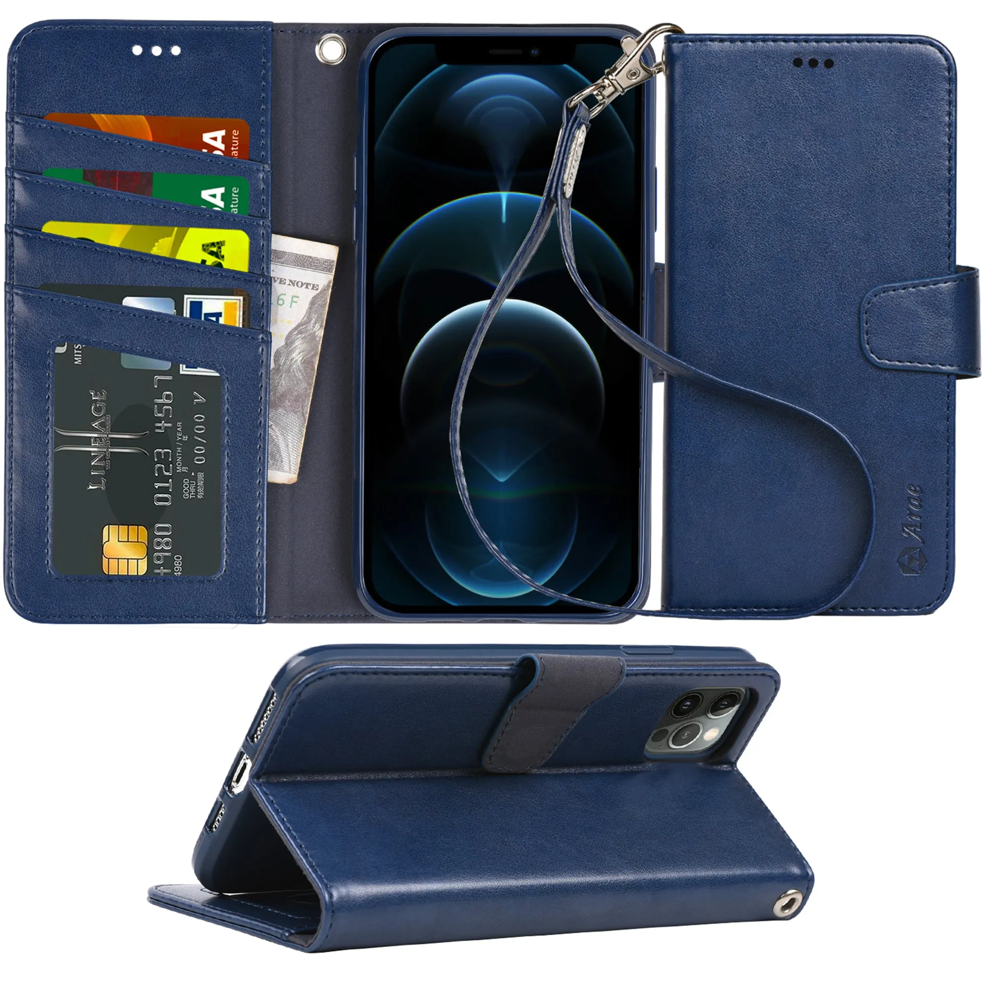 Arae Compatible with Case iPhone 12 Pro Max Wallet Flip Cover with Card Holder and Wrist Strap