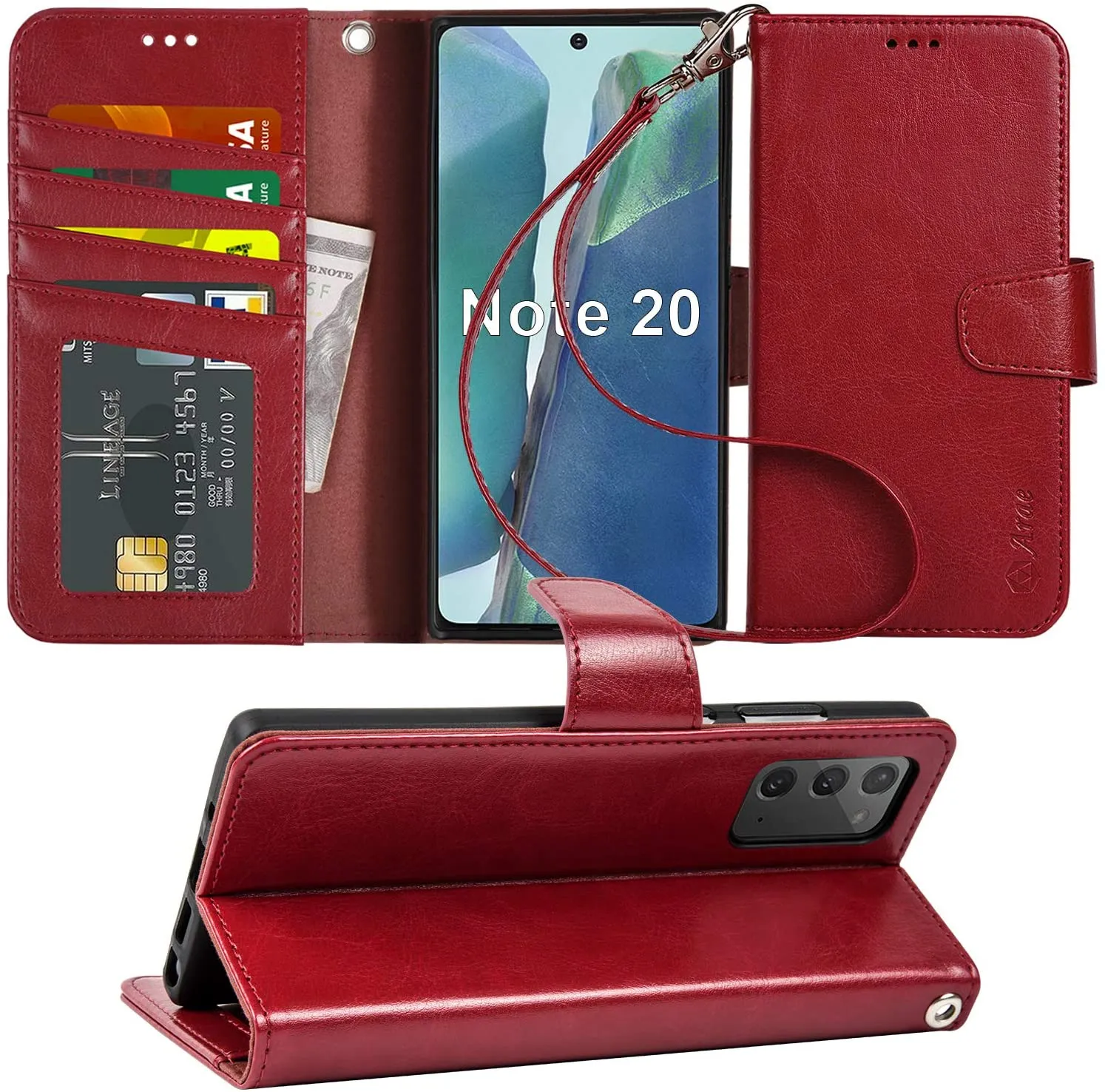 Arae Wallet Case for Samsung Galaxy Note 20 with Wrist Strap and Credit Card Holders