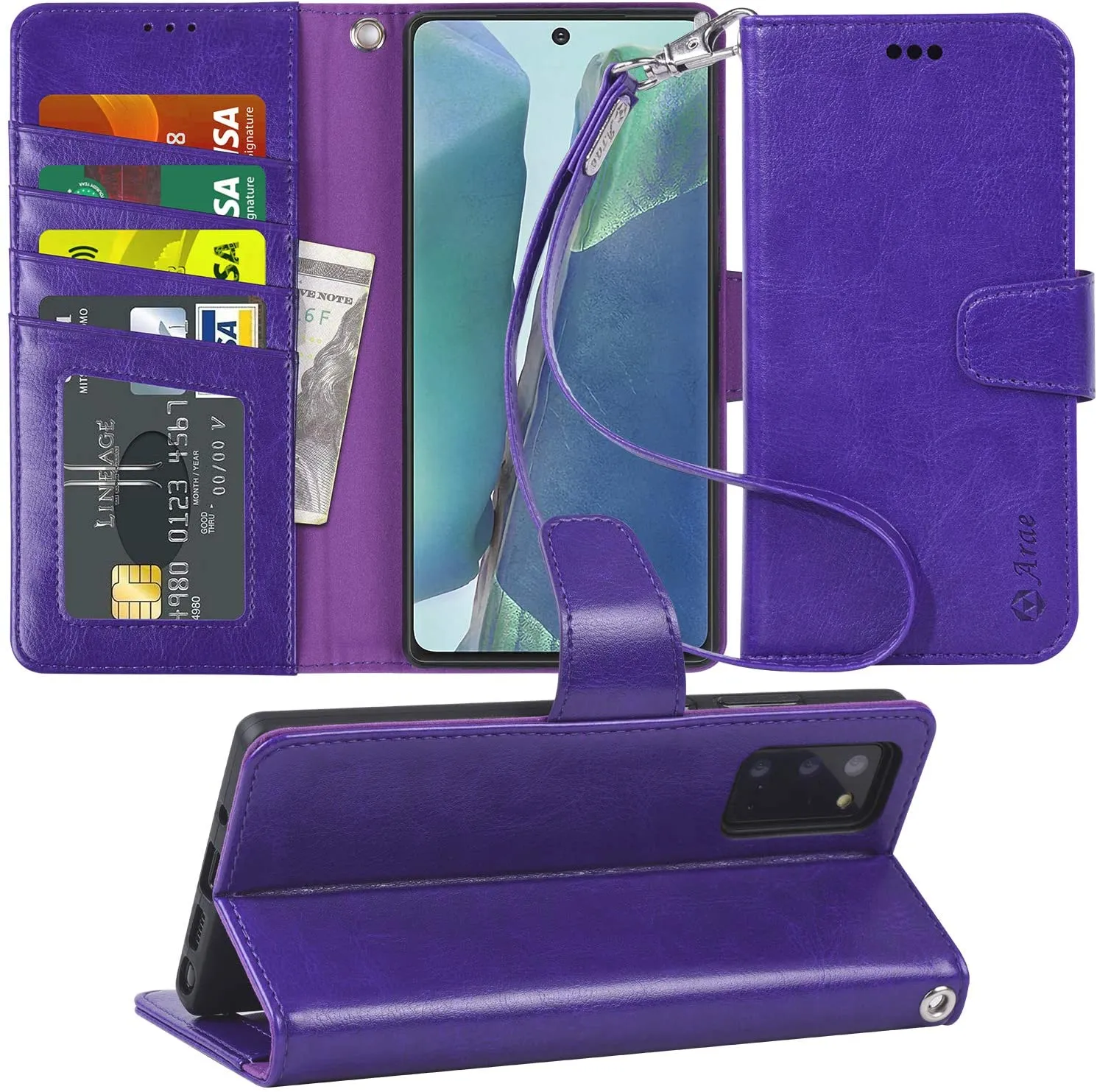 Arae Wallet Case for Samsung Galaxy Note 20 with Wrist Strap and Credit Card Holders