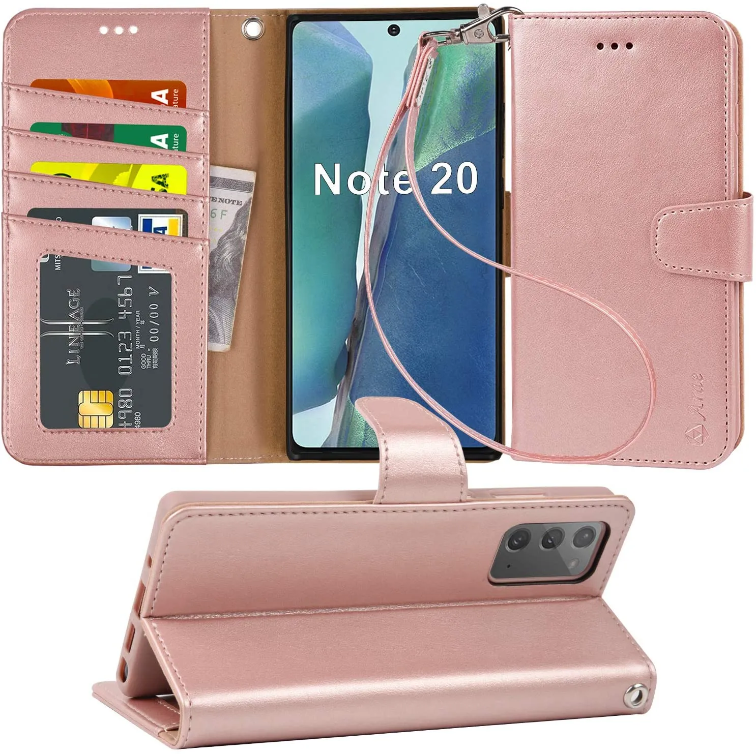 Arae Wallet Case for Samsung Galaxy Note 20 with Wrist Strap and Credit Card Holders