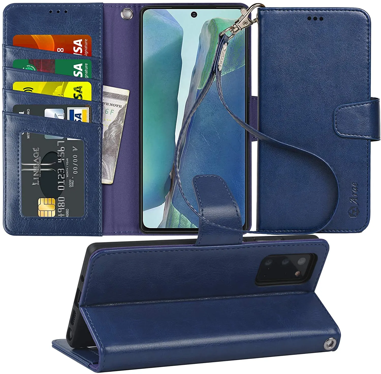 Arae Wallet Case for Samsung Galaxy Note 20 with Wrist Strap and Credit Card Holders