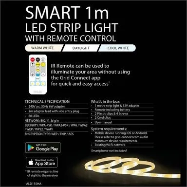 Arlec Grid Connect Smart 1m CCT LED Strip Light with Remote