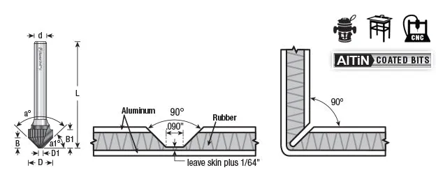 Double Edge Folding 'V' Groove (TCM) Router Bit | 90°x 0.090 Tip x 1⁄2 Dia x 3⁄8 x 1⁄4" Shank | 45762 | 738685457627