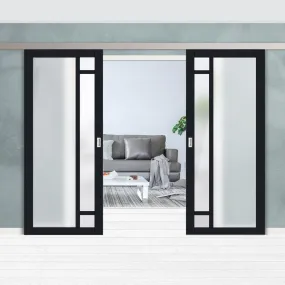 Double Sliding Door & Premium Wall Track - Eco-Urban® Suburban 4 Pane Doors DD6411SG Frosted Glass - 6 Colour Options