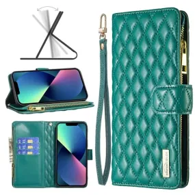 For Apple iPhone 13 Diamond Quilted Leather Zipper Wallet Flip Protective Case Cover – Green