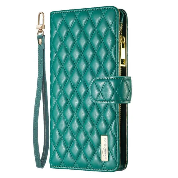 For Apple iPhone 13 Diamond Quilted Leather Zipper Wallet Flip Protective Case Cover – Green