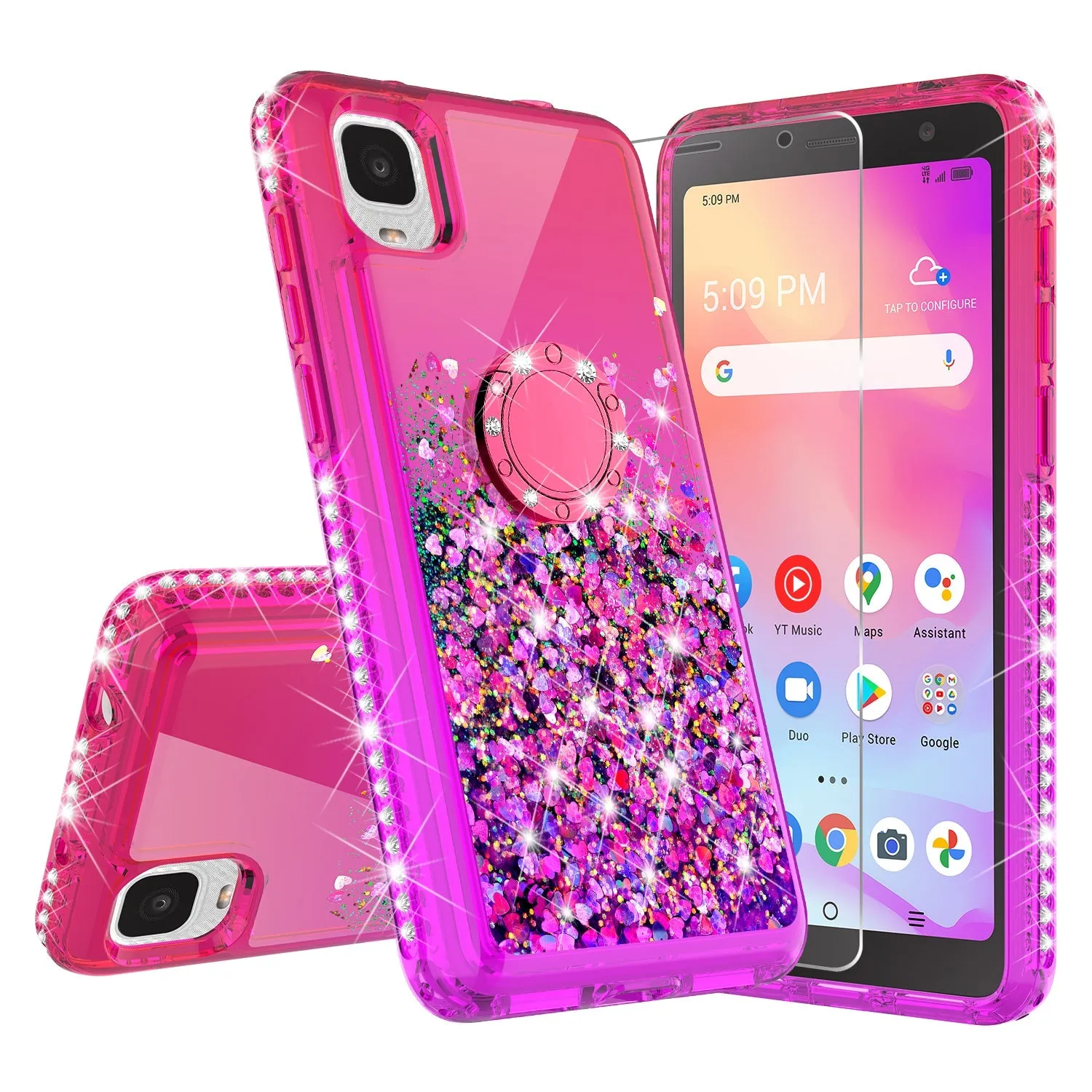 Glitter Phone Case Kickstand Compatible for TCL Ion Z/A3/A30 Case, TCL Ion Z/A3/A30 Case,Ring Stand Liquid Floating Quicksand Bling Sparkle Protective Girls Women for TCL Ion Z/A3/A30 W/Temper Glass - (Hot Pink/Purple Gradient)