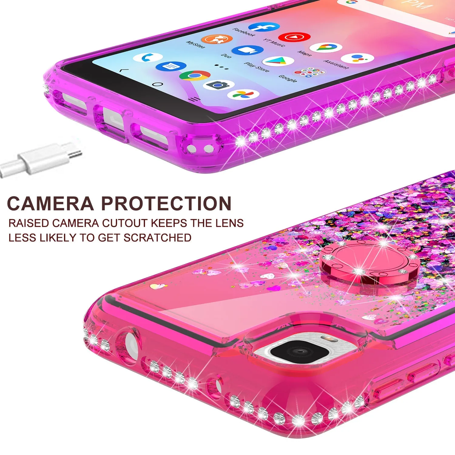 Glitter Phone Case Kickstand Compatible for TCL Ion Z/A3/A30 Case, TCL Ion Z/A3/A30 Case,Ring Stand Liquid Floating Quicksand Bling Sparkle Protective Girls Women for TCL Ion Z/A3/A30 W/Temper Glass - (Hot Pink/Purple Gradient)