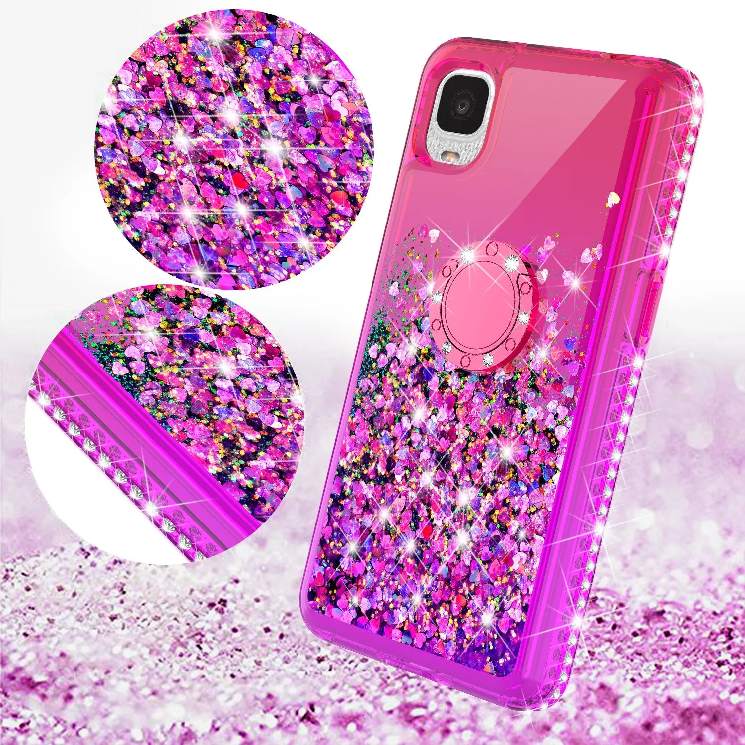 Glitter Phone Case Kickstand Compatible for TCL Ion Z/A3/A30 Case, TCL Ion Z/A3/A30 Case,Ring Stand Liquid Floating Quicksand Bling Sparkle Protective Girls Women for TCL Ion Z/A3/A30 W/Temper Glass - (Hot Pink/Purple Gradient)