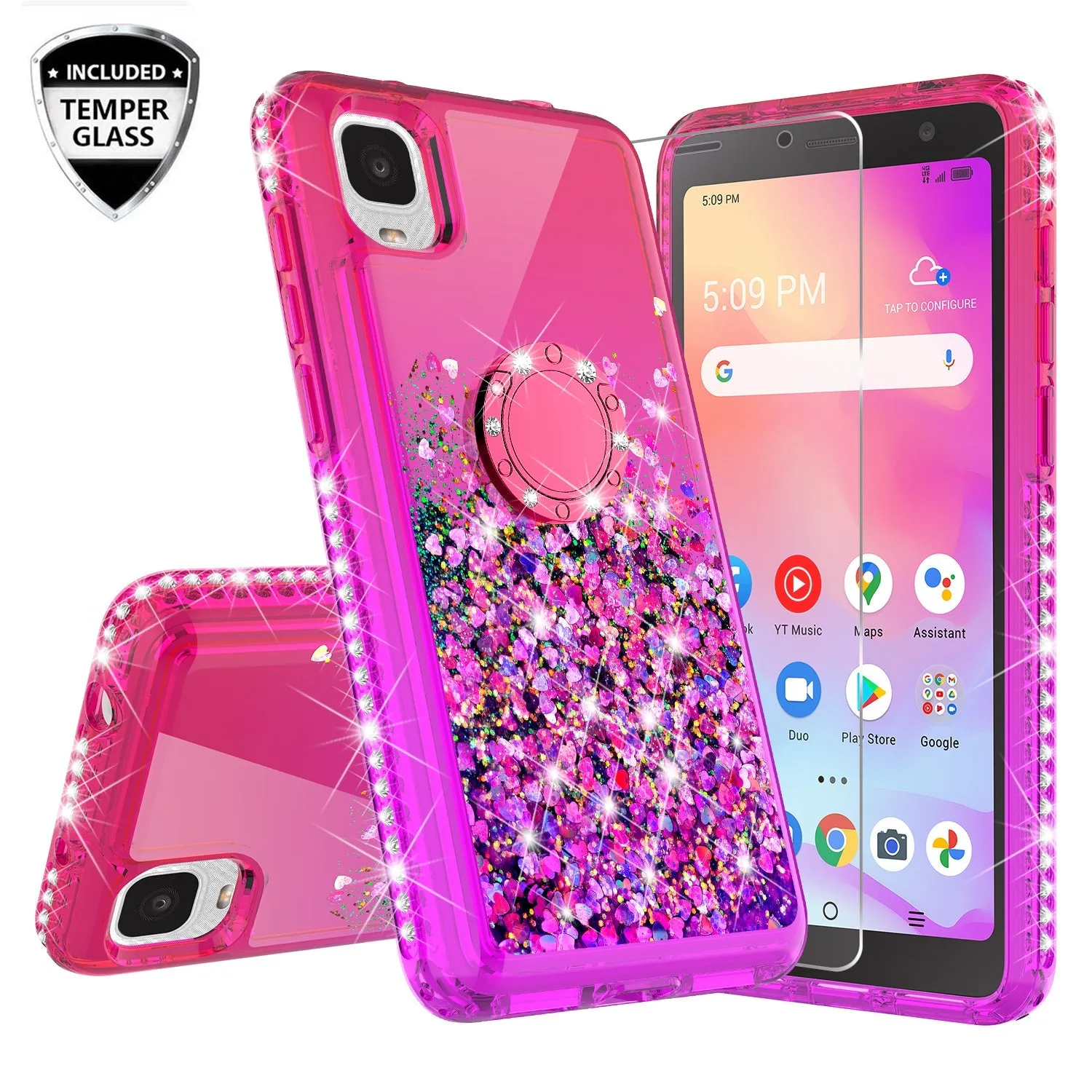 Glitter Phone Case Kickstand Compatible for TCL Ion Z/A3/A30 Case, TCL Ion Z/A3/A30 Case,Ring Stand Liquid Floating Quicksand Bling Sparkle Protective Girls Women for TCL Ion Z/A3/A30 W/Temper Glass - (Hot Pink/Purple Gradient)