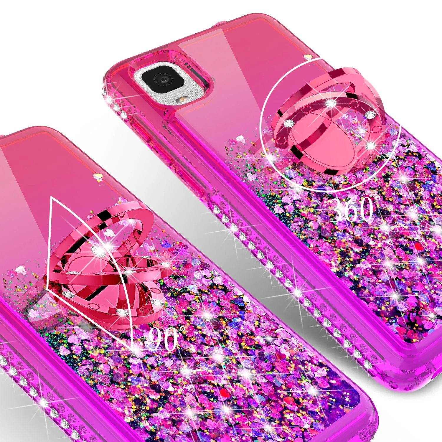 Glitter Phone Case Kickstand Compatible for TCL Ion Z/A3/A30 Case, TCL Ion Z/A3/A30 Case,Ring Stand Liquid Floating Quicksand Bling Sparkle Protective Girls Women for TCL Ion Z/A3/A30 W/Temper Glass - (Hot Pink/Purple Gradient)