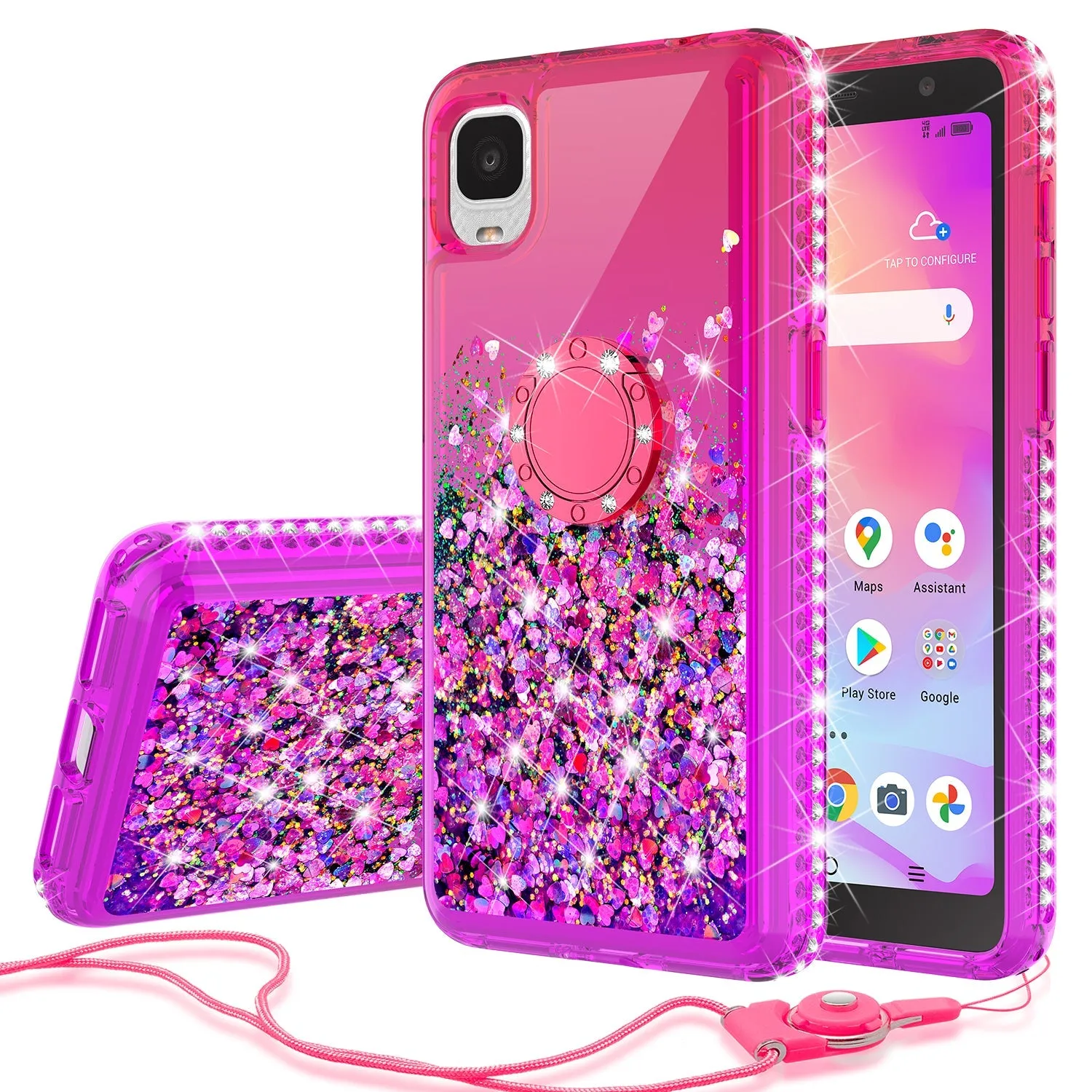 Glitter Phone Case Kickstand Compatible for TCL Ion Z/A3/A30 Case, TCL Ion Z/A3/A30 Case,Ring Stand Liquid Floating Quicksand Bling Sparkle Protective Girls Women for TCL Ion Z/A3/A30 W/Temper Glass - (Hot Pink/Purple Gradient)