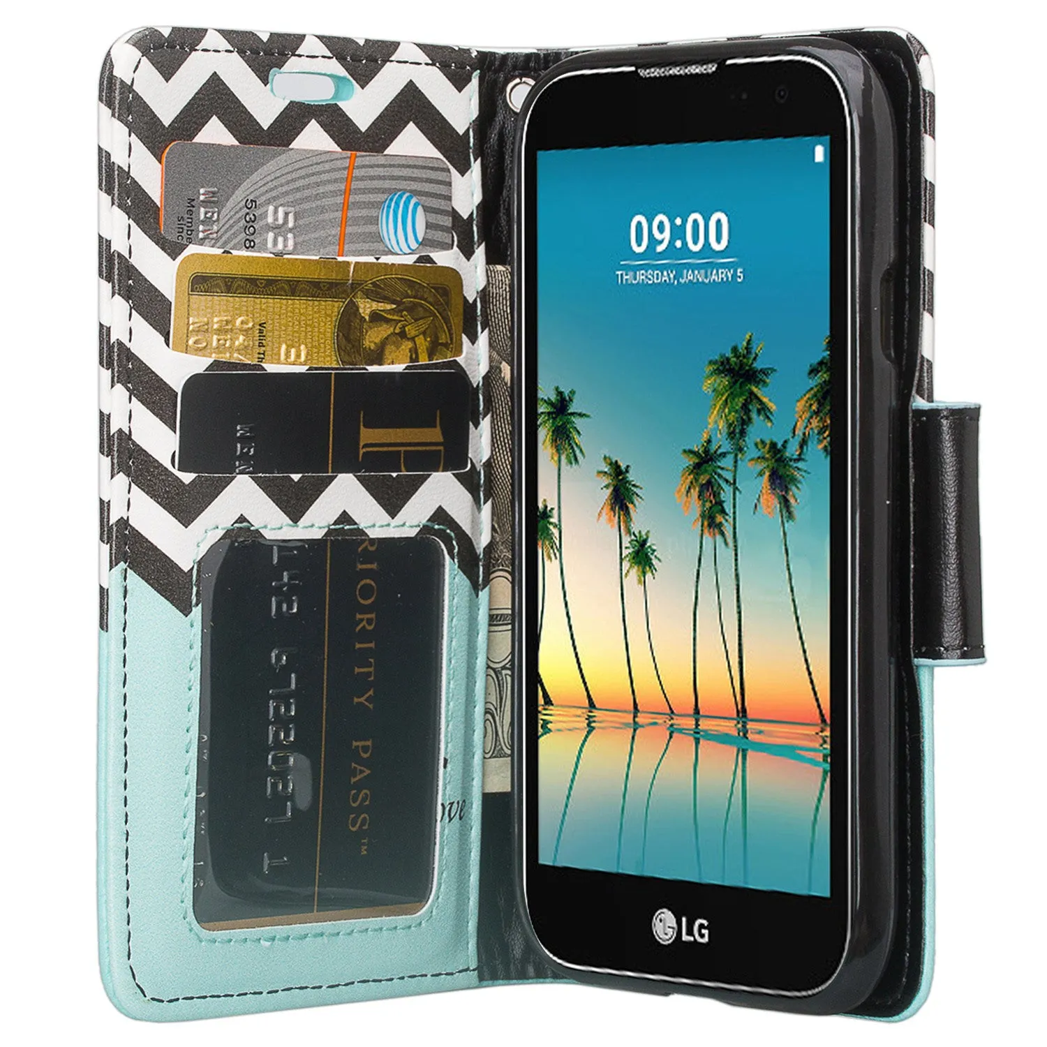 LG K3 (2017) Wallet Case, Wrist Strap Pu Leather Magnetic Flip Fold[Kickstand] with ID & Card Slots for LG K3 (2017)- Teal Anchor