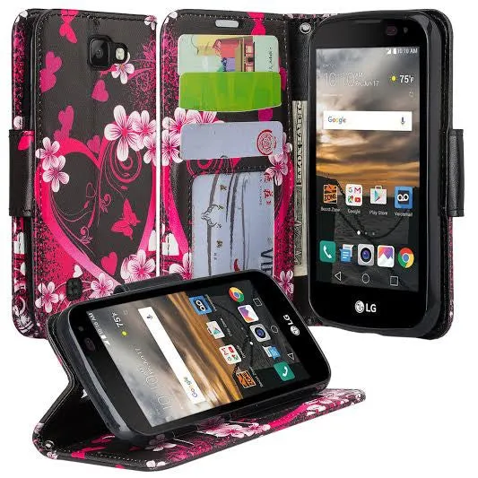 LG Optimus Zone 3 Cases | LG K4 Cases | LG Spree Cases | LG Rebel Cases, Wrist Strap Magnetic Flip Folio [Kickstand Feature] Pu Leather Wallet Case with ID & Credit Card Slot - Heart Butterflies