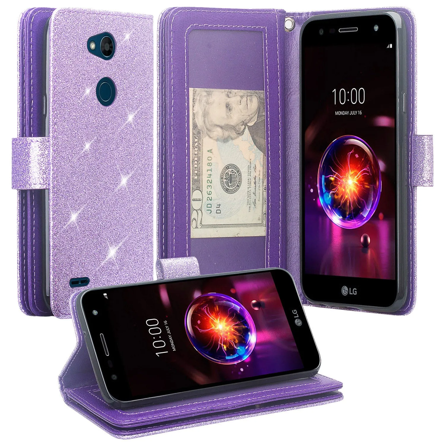 LG X Power 3 Case, X Power 3, [Wrist Strap] Glitter Faux Leather Flip [Kickstand Feature] Protective Wallet Case Clutch - Purple