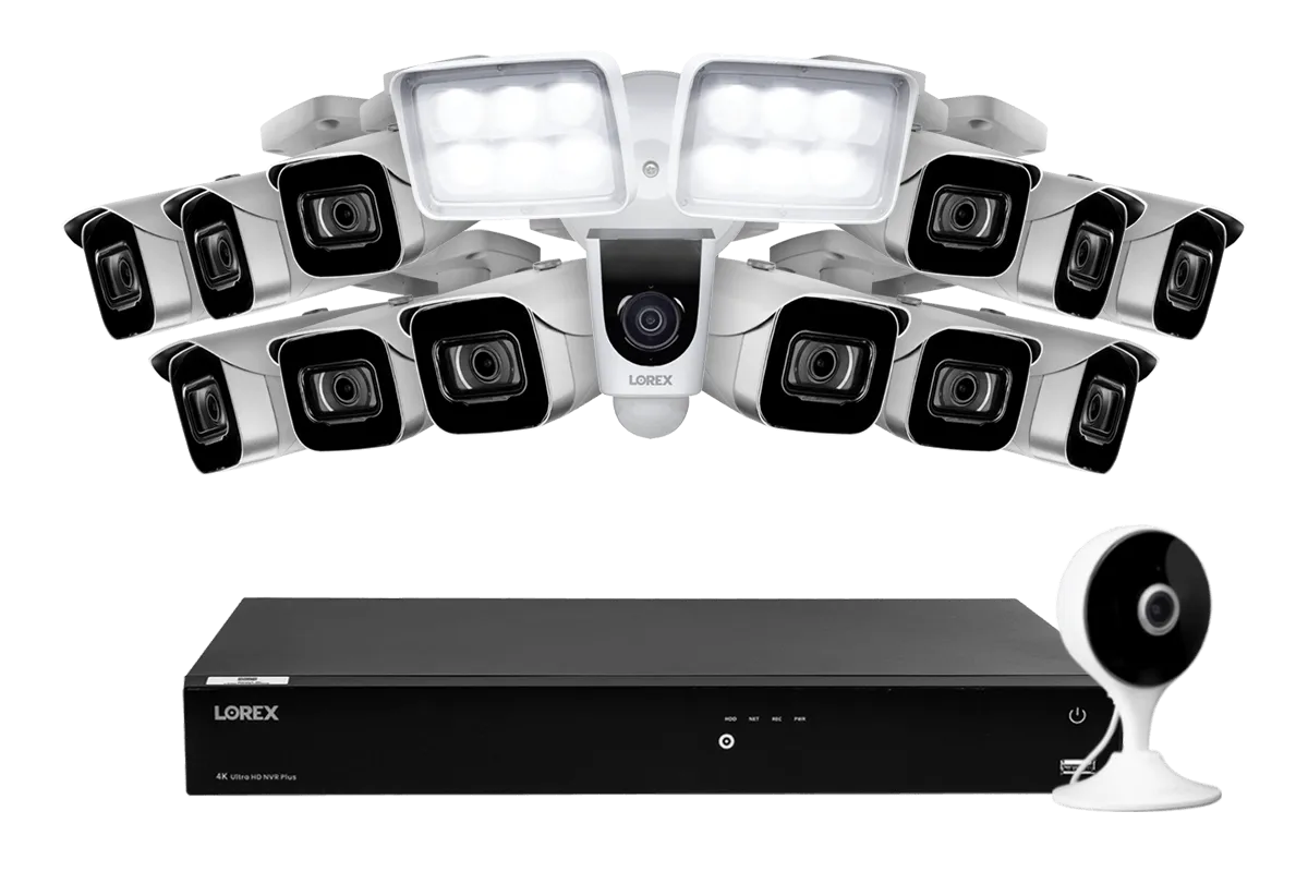 Lorex Fusion 4K 16-Channel 3TB Wired NVR System with 12 Cameras   2K Indoor Wi-Fi Security Camera and Wi-Fi Floodlight Camera