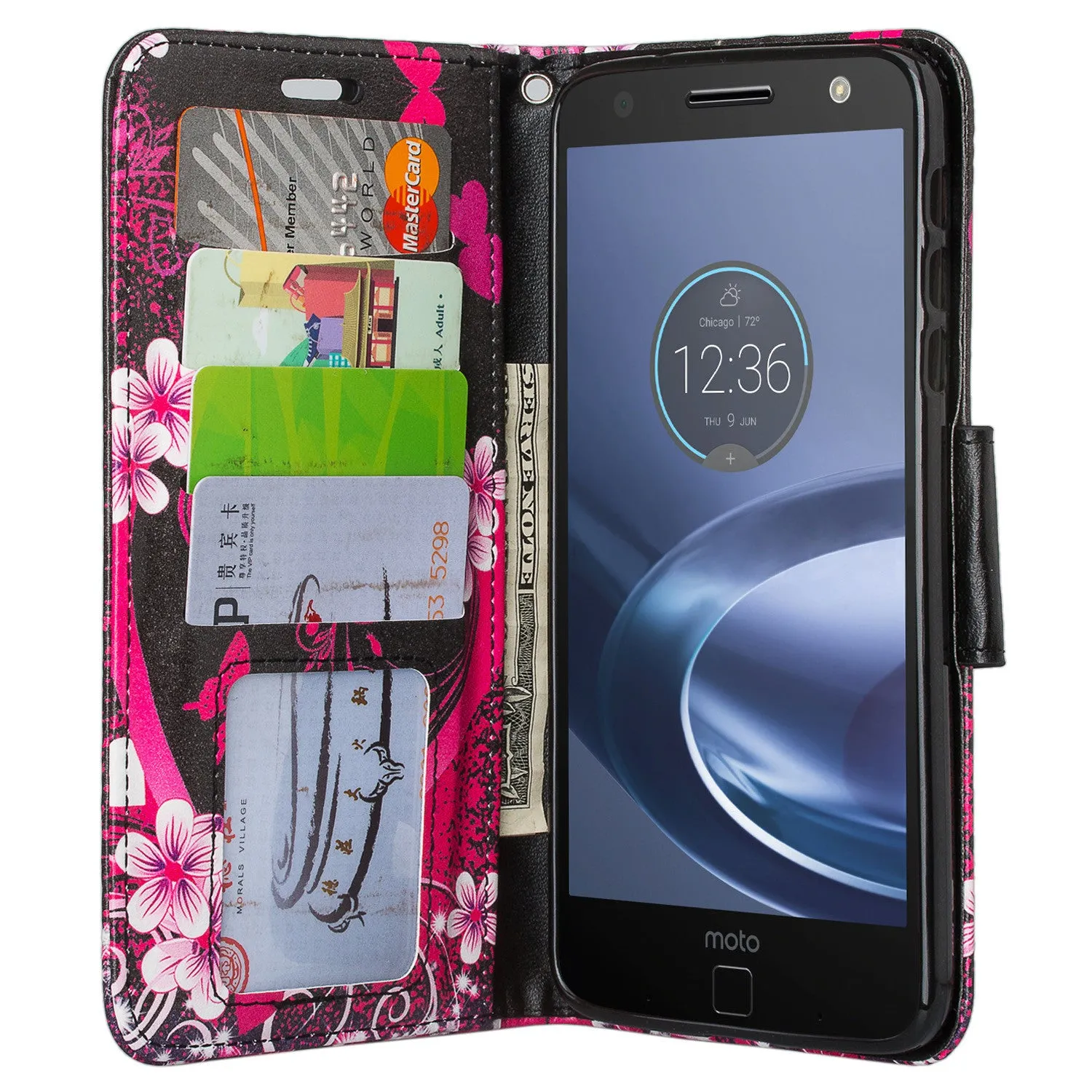 Moto Z Force Droid Case, Wrist Strap Flip Folio [Kickstand] Pu Leather Wallet Case with ID & Credit Card Slots & Money Pocket - Heart Butterflies