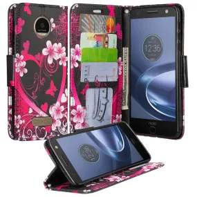 Moto Z Force Droid Case, Wrist Strap Flip Folio [Kickstand] Pu Leather Wallet Case with ID & Credit Card Slots & Money Pocket - Heart Butterflies