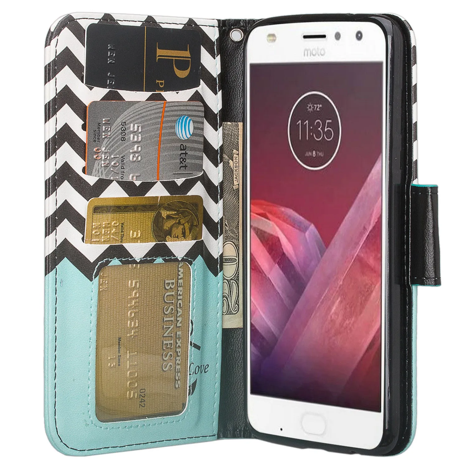 Motorola Moto Z2 Play Case, Moto Z2 Play Wallet Case, Slim Flip Folio [Kickstand] Pu Leather Wallet Case with ID & Card Slots & Pocket   Wrist Strap - Teal Anchor