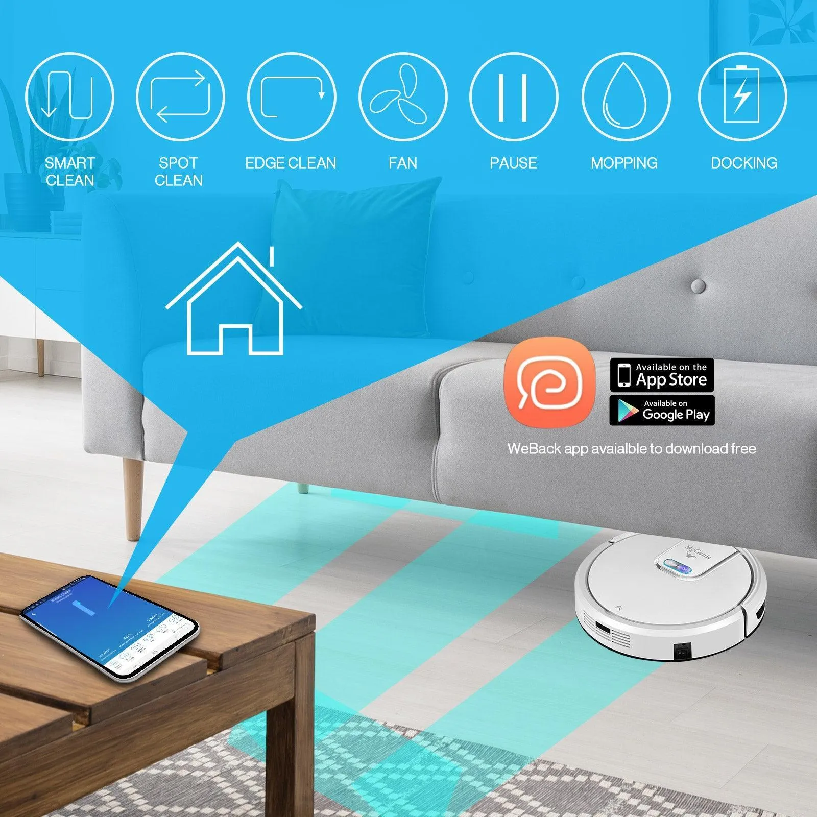 MyGenie WI-FI GMAX Robotic Vacuum Cleaner Mop App Control Dry & Wet Auto Robot - White