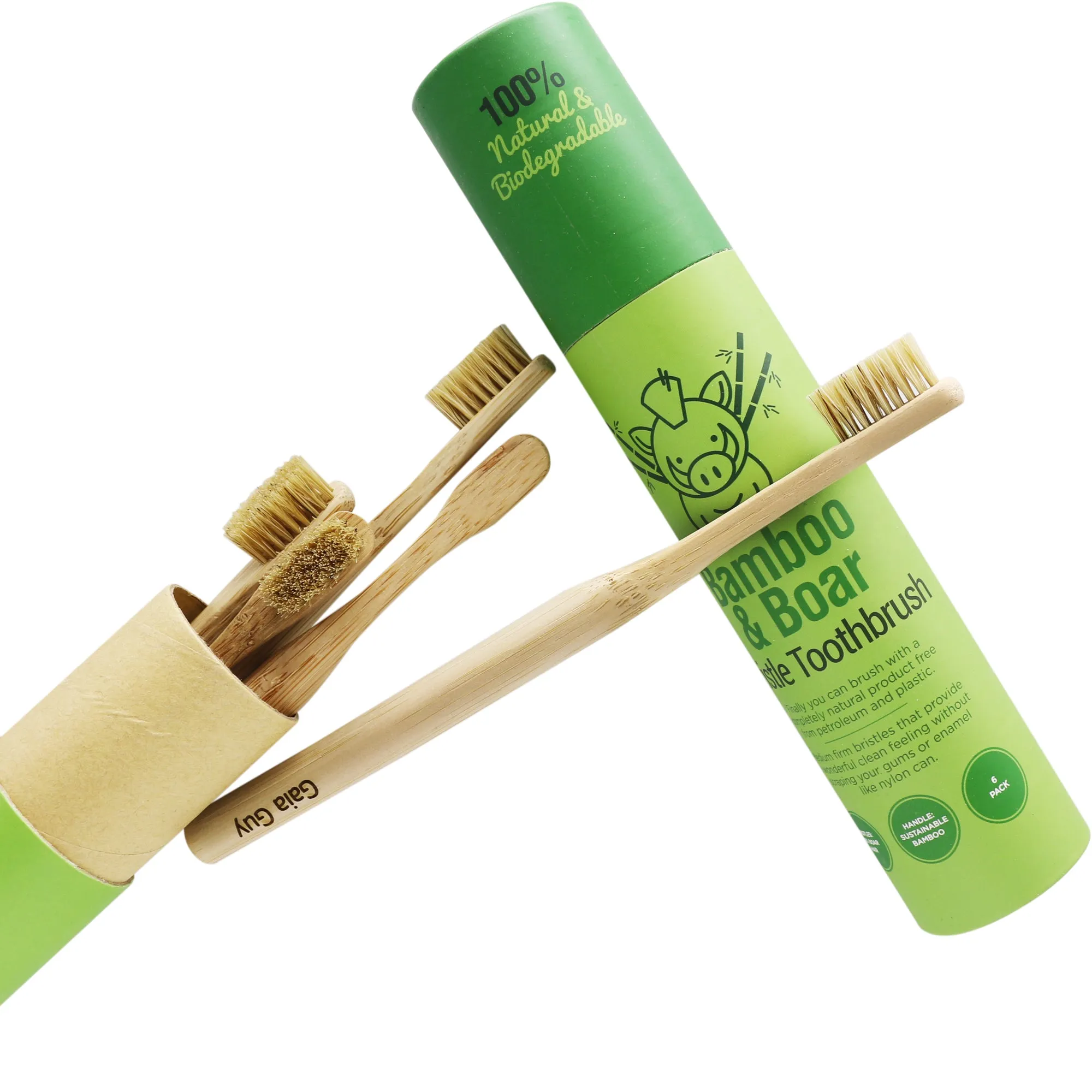 Natural Bristle Bamboo Toothbrush With Boar Hair - 6-pack