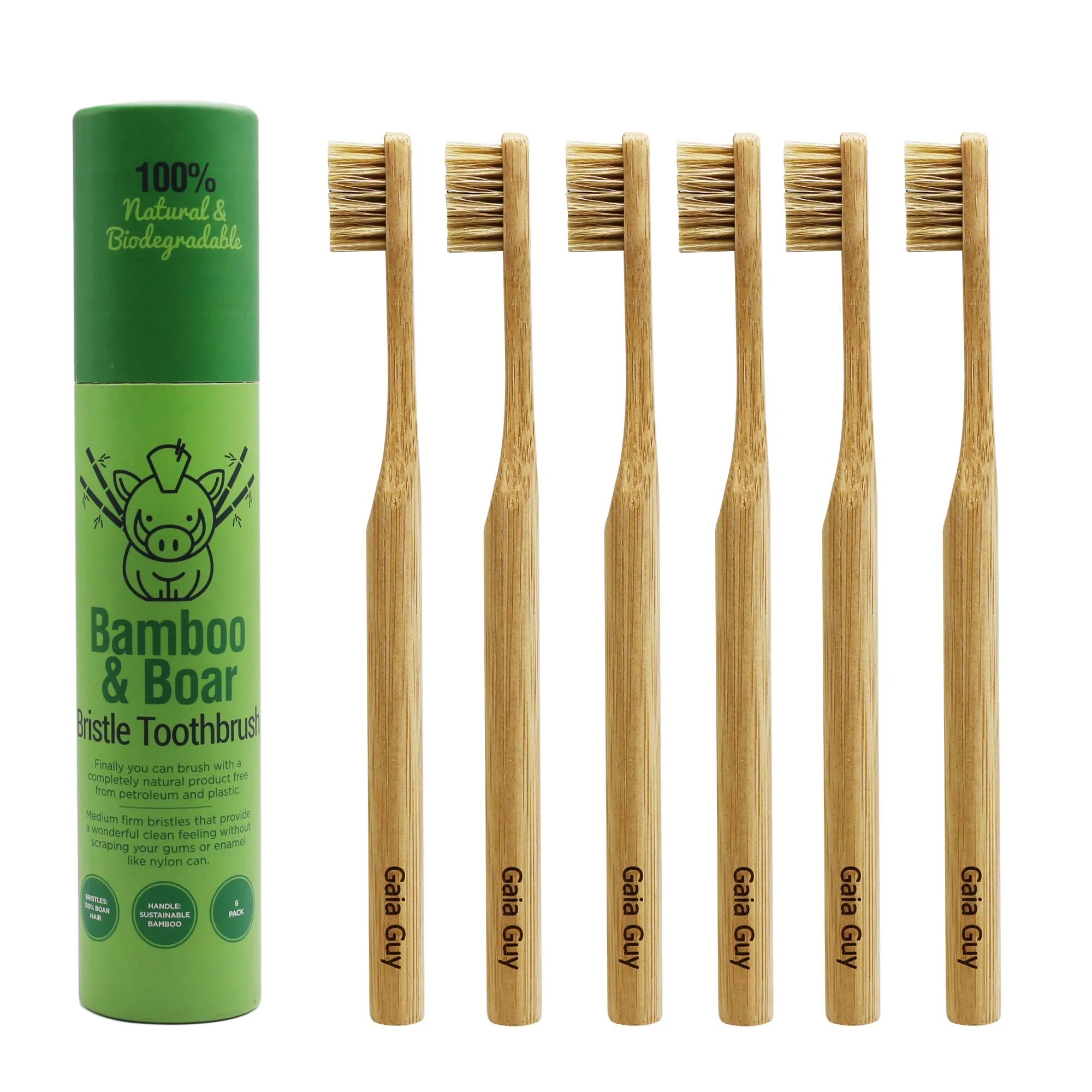 Natural Bristle Bamboo Toothbrush With Boar Hair - 6-pack