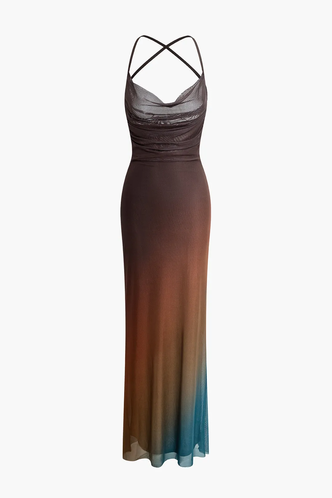 Ombre Mesh Cowl Neck Cross Strap Maxi Dress