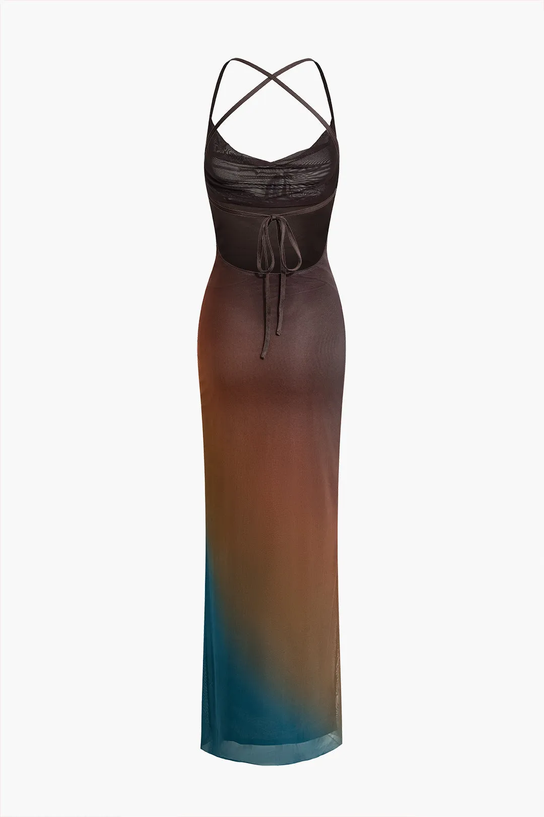 Ombre Mesh Cowl Neck Cross Strap Maxi Dress