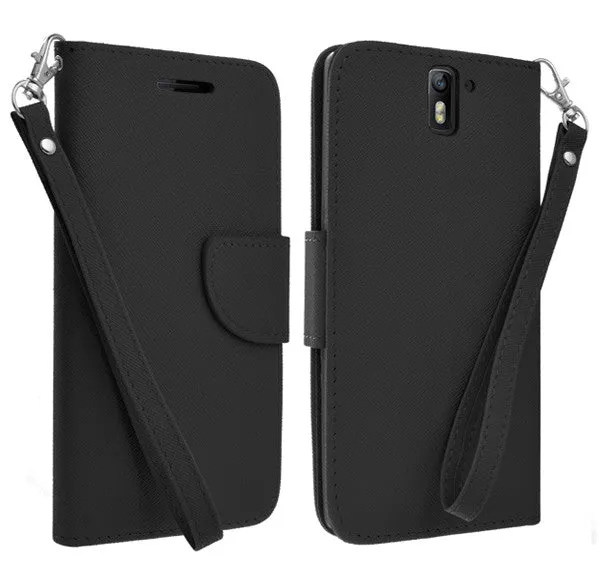 OnePlus One Case, Wrist Strap Flip Folio [Kickstand Feature] Pu Leather Wallet Case with ID & Credit Card Slots - Black