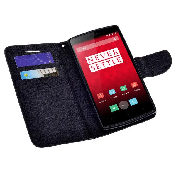 OnePlus One Case, Wrist Strap Flip Folio [Kickstand Feature] Pu Leather Wallet Case with ID & Credit Card Slots - Black