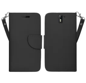 OnePlus One Case, Wrist Strap Flip Folio [Kickstand Feature] Pu Leather Wallet Case with ID & Credit Card Slots - Black