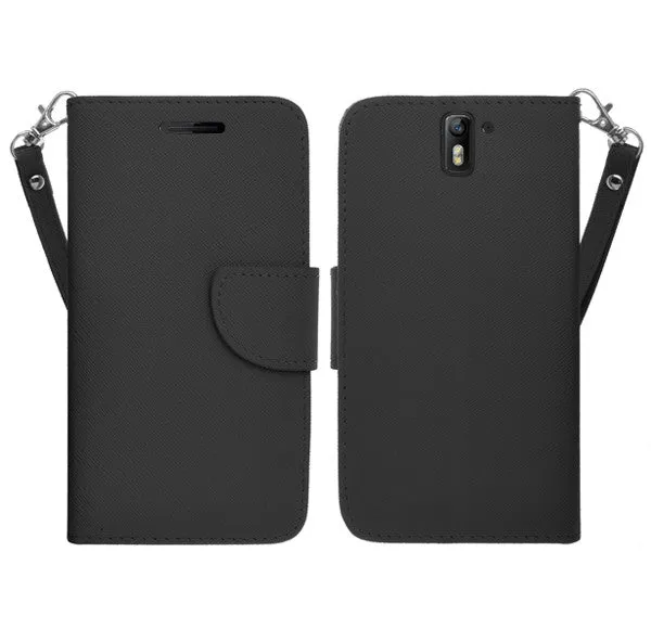 OnePlus One Case, Wrist Strap Flip Folio [Kickstand Feature] Pu Leather Wallet Case with ID & Credit Card Slots - Black