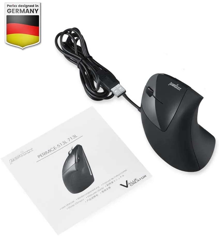 Perixx Perimice-513L Wired Vertical Ergonomic Mouse with 2 DPI, 6 Button Optical Ergo Mouse with 2 Level DPI Switch 1000 1600, Left Handed, Black