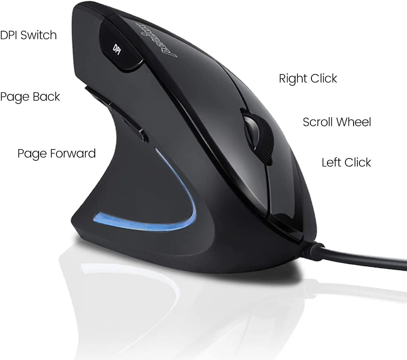 Perixx Perimice-513L Wired Vertical Ergonomic Mouse with 2 DPI, 6 Button Optical Ergo Mouse with 2 Level DPI Switch 1000 1600, Left Handed, Black