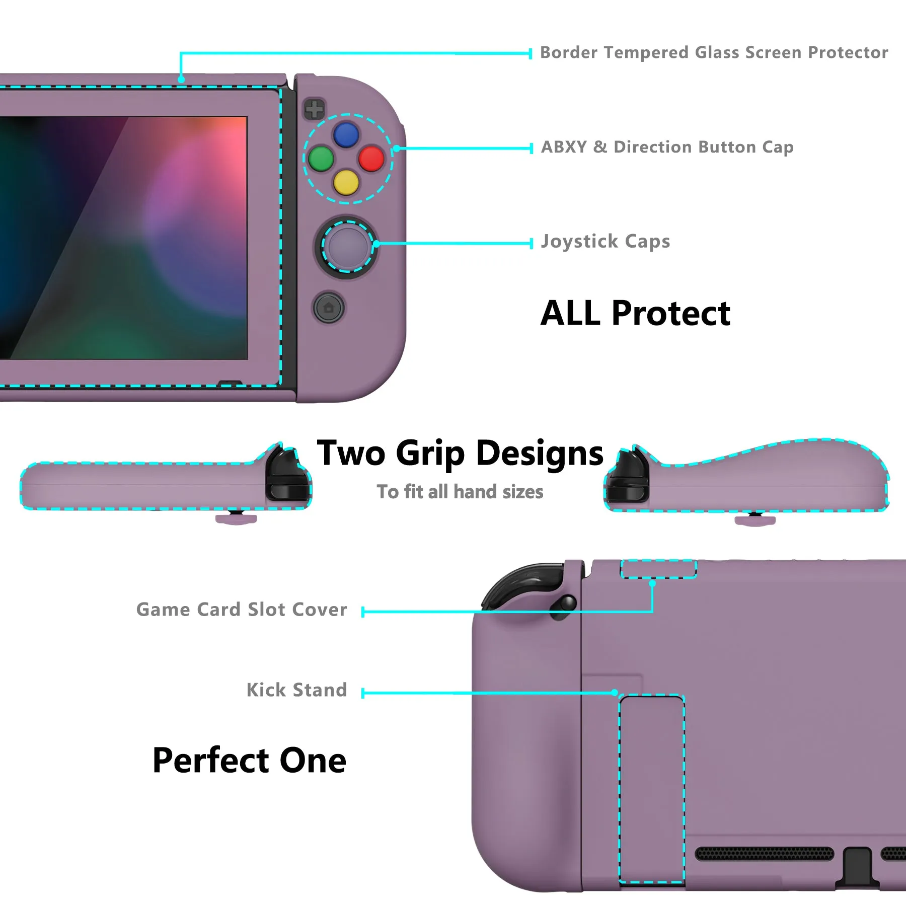 PlayVital AlterGrips Dockable Protective Case Ergonomic Grip Cover for Nintendo Switch, Interchangeable Joycon Cover w/Screen Protector & Thumb Grip Caps & Button Caps - Dark Grayish Violet - TNSYP3006