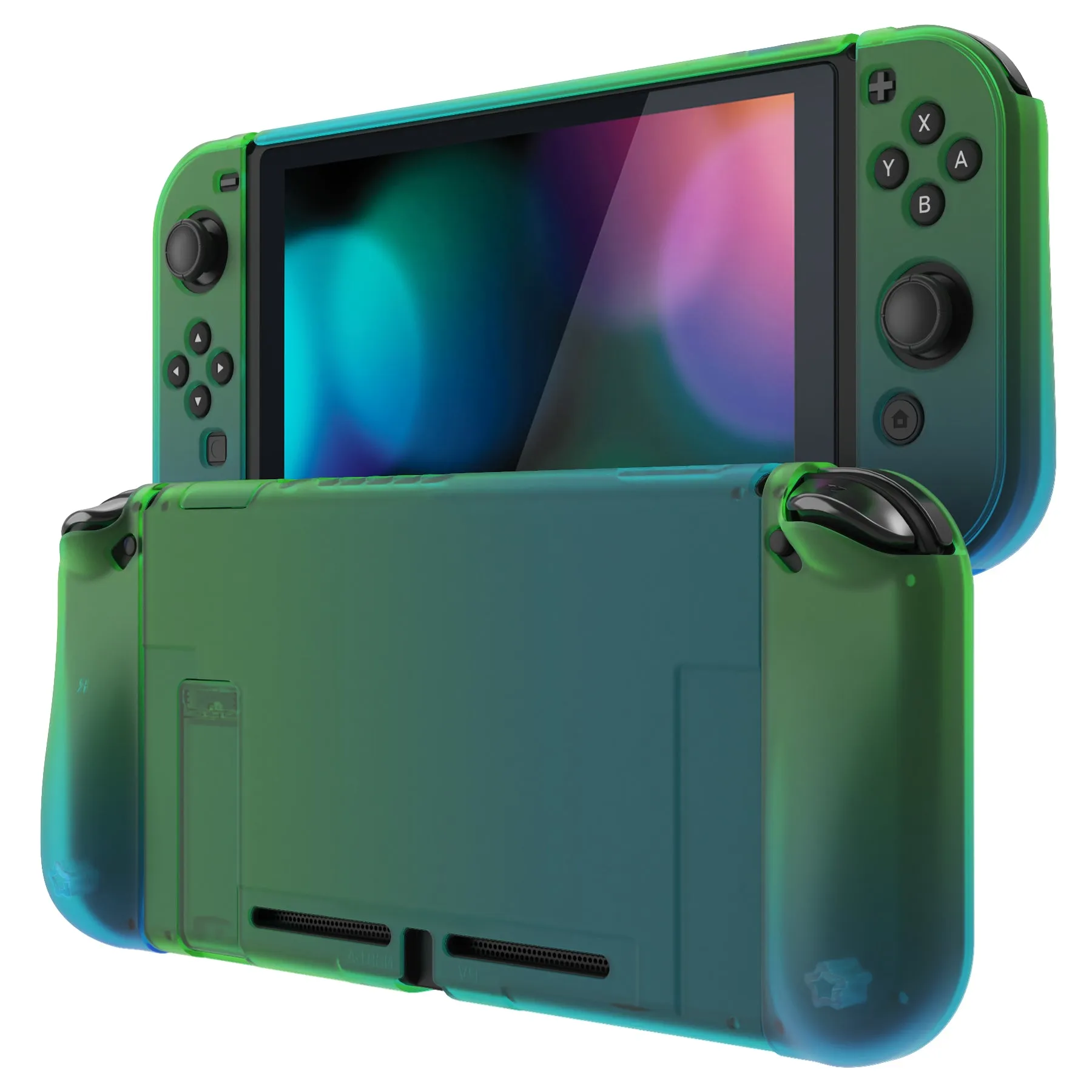 PlayVital UPGRADED Glossy Dockable Case Grip Cover for NS Switch, Ergonomic Protective Case for NS Switch, Separable Protector Hard Shell for Joycon - Gradient Translucent Green Blue - ANSP3009V2