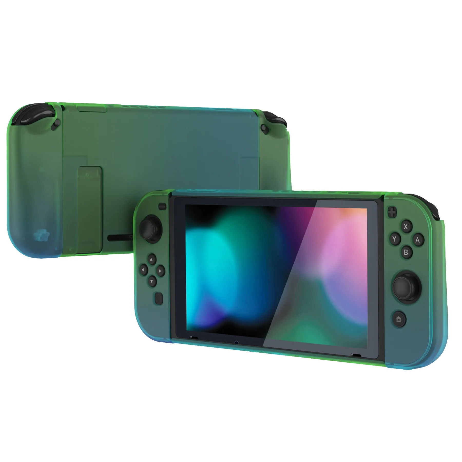 PlayVital UPGRADED Glossy Dockable Case Grip Cover for NS Switch, Ergonomic Protective Case for NS Switch, Separable Protector Hard Shell for Joycon - Gradient Translucent Green Blue - ANSP3009V2