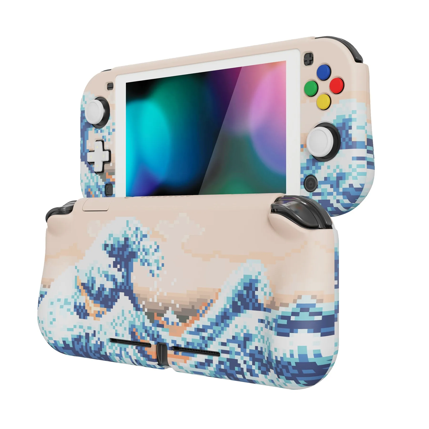 PlayVital ZealProtect Protective Case for Nintendo Switch Lite, Hard Shell Ergonomic Grip Cover for Switch Lite w/Screen Protector & Thumb Grip Caps & Button Caps - Pixel Great Wave - PSLYR014