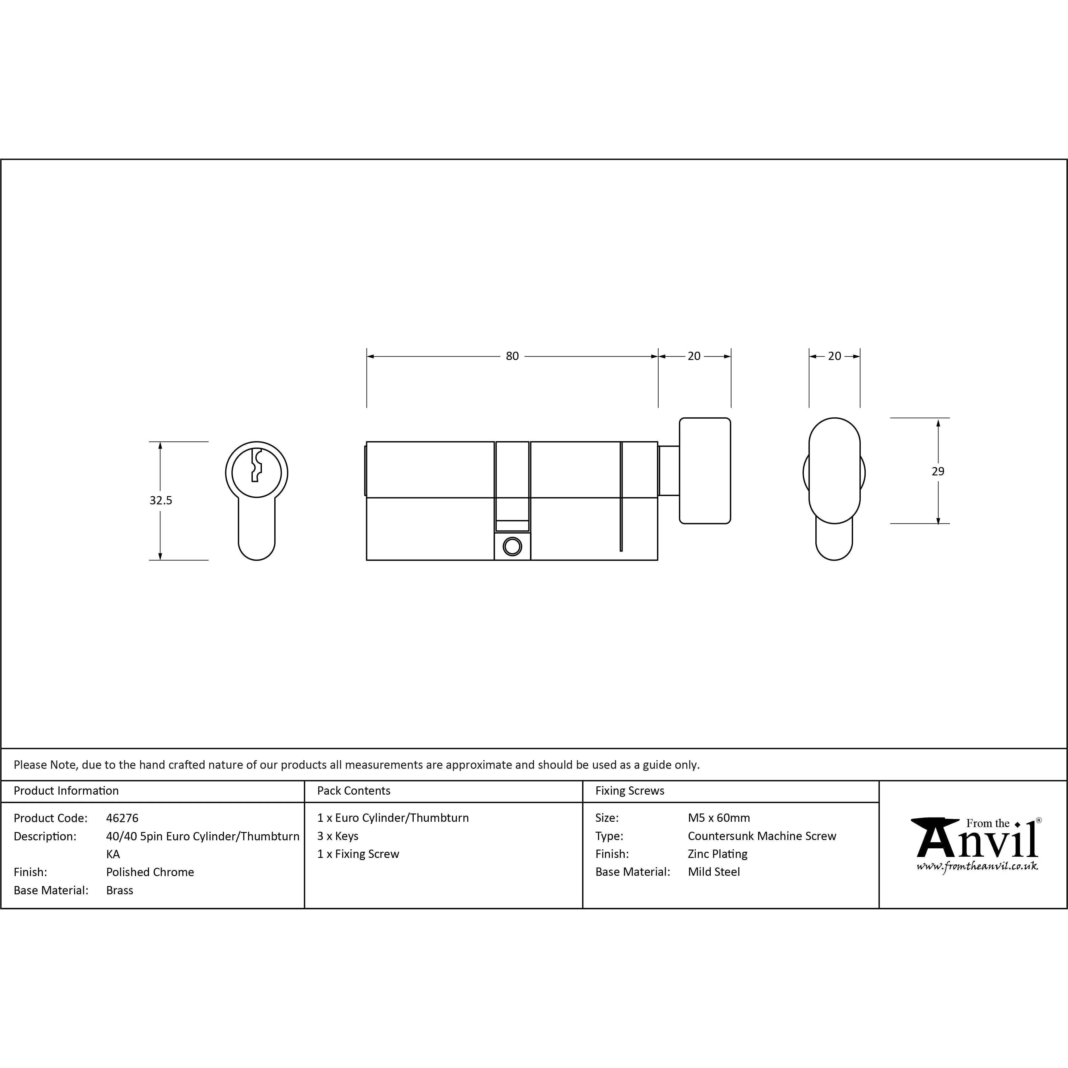 Polished Chrome 40/40 5pin Euro Cylinder/Thumbturn KA | From The Anvil