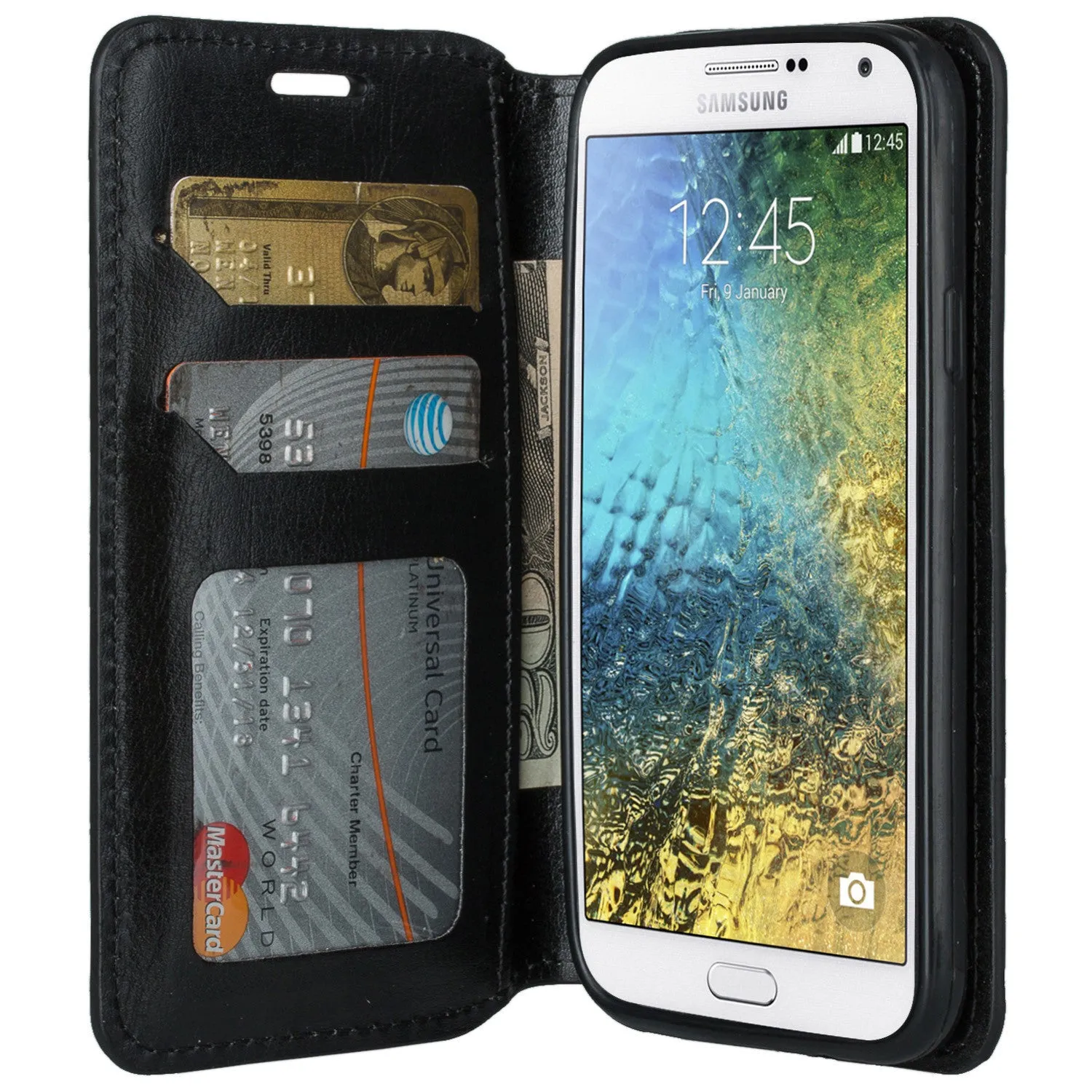 Samsung Galaxy E5 Wallet Case, Slim Magnetic Flip Fold[Kickstand] Pu Leather Wallet Case with ID & Credit Card Slots & Pocket for Galaxy E5 - Black