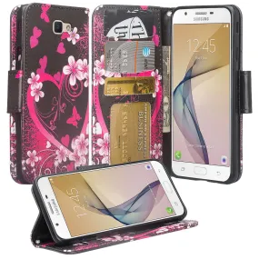 Samsung Galaxy J7 Prime 2016, G610, Galaxy On7 Case, Wrist Strap Pu Leather Magnetic Flip [Kickstand] with Slots - Heart Butterflies