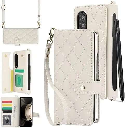 Samsung Galaxy Z Fold 5 Wallet Case S Pen Holder Crossbody Lanyard Strap Wrist Stylish Protective Cover