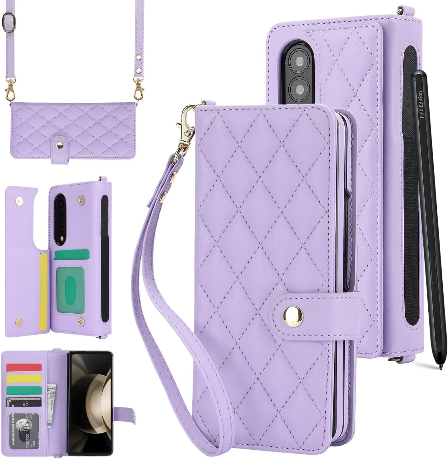 Samsung Galaxy Z Fold 5 Wallet Case S Pen Holder Crossbody Lanyard Strap Wrist Stylish Protective Cover